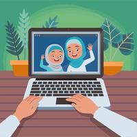 video conferentie met twee jong moslim meisjes Aan de laptop scherm vector