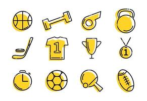sport pictogrammen set. elementen in de reeks Kettlebell, voetbal bal, rugby bal, basketbal, halter, hockey, club, puck, eerste plaats medaille, fluit, t-shirt, beker. vector