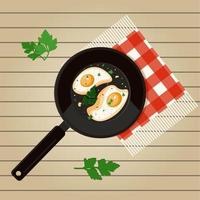gebakken eieren in een pan met kruiden en specerijen. gemakkelijk vector illustratie. keto ontbijt. door elkaar gegooid eieren.