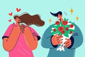 liefhebbend Mens presenteren bloemen naar opgewonden vrouw. glimlachen mannetje minnaar feliciteren dolblij vrouw met boeket. liefde en relatie. vector illustratie.