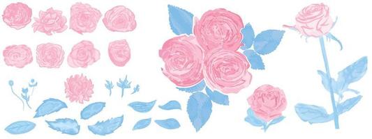 bloemen elementen, bruiloft concepten, regelingen verzameling omvat rood, bordeaux, marine blauw, en roze rozen, waterverf kruiden, ranonkel, anemoon, wijnoogst bladeren, bloemen en takken vector
