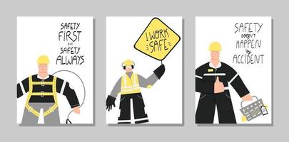 veiligheid eerste industriële hand getrokken posters set vector