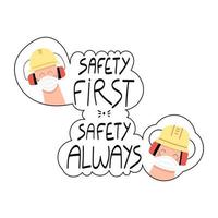 veiligheid eerst veiligheid altijd met de hand geschreven zin met werknemers in gezichtsmaskers vector