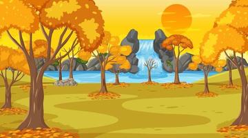 herfstscène in zonsondergangtijd met waterval en veel gele bomen vector