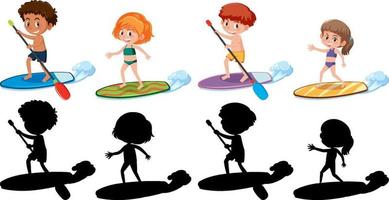 set van verschillende kinderen stripfiguur in zomer thema met silhouet vector