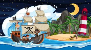eiland met piratenschip bij nachtscène in cartoonstijl vector
