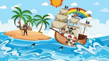 strand met piratenschip overdag in cartoon-stijl vector