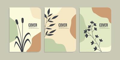 reeks van boek Hoes ontwerpen met hand- getrokken gebladerte decoraties. abstract retro botanisch achtergrond. grootte a4 voor notitieboekjes, dagboeken, planners, brochures, boeken, catalogi vector