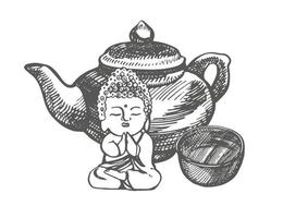 Chinese traditioneel theepot met thee schaal. grafisch hand getekend illustratie, vector. vector