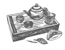 reeks van inkt hand- getrokken thee zetgroep illustratie. vector hand- getrokken illustratie. thee ceremonie.