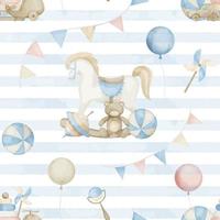 naadloos waterverf patroon met baby speelgoed en blauw strepen. hand- getrokken illustratie met schommelen paard, teddy beer, ballonnen en slingers Aan geïsoleerd achtergrond. ornament in pastel kleuren voor textiel vector