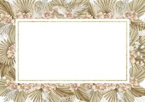 waterverf horizontaal rechthoekig kader met droog palm bladeren en orchidee bloemen in boho stijl. hand- getrokken illustratie. sjabloon voor groet kaarten of uitnodigingen. Boheems grens in pastel kleuren vector