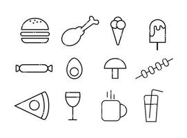 een reeks van voedsel pictogrammen. omvat ijs room, thee, koffie, hamburger, snoep, ijs room, glas van wijn, kip been, kebab, pizza, sap, ei, paddestoel vector