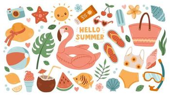 reeks van schattig zomer pictogrammen ijs room, kokosnoot, fruit, flamingo. verzameling van scrapbooking elementen voor strand feest. vector