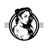 mooi geschiktheid vrouw met lang haar. monochroom vector illustratie voor Sportschool of geschiktheid logo, embleem, mascotte.