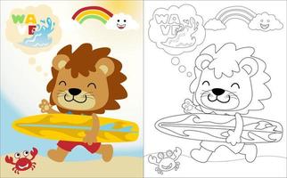 vector tekenfilm van grappig leeuw draag- surfplank, zomer strand element illustratie, kleur boek of bladzijde