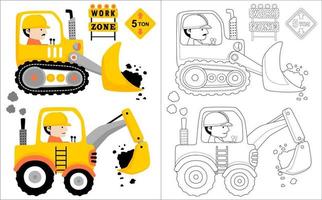 vector tekenfilm van arbeider Aan bouw voertuigen, bouw tekens, kleur boek of bladzijde