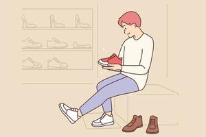 gelukkig jong Mens proberen schoenen in mode winkel of boetiek. glimlachen mannetje koper of klant Kiezen schoenen in op te slaan. boodschappen doen en consumentisme. vector illustratie.