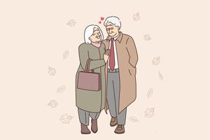 gelukkig ouderen paar in bovenkleding wandelen in park knuffelen. glimlachen volwassen grootouders genieten wandelen in herfst Woud. liefde en veroudering. vector illustratie.