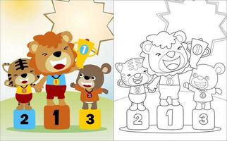 grappig dieren tekenfilm Aan winnaar podium wedstrijd, kleur boek of bladzijde vector