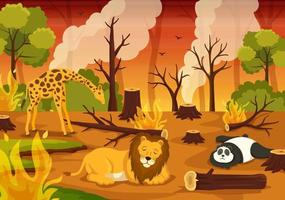 ontbossing illustratie met boom in de gekapt Woud en brandend in verontreiniging veroorzaken de uitsterven van dieren in tekenfilm hand- getrokken Sjablonen vector