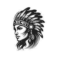 Indisch krijger meisje, logo concept zwart en wit kleur, hand- getrokken illustratie vector