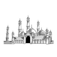 de prachtige moskee. ramadan, gebeden knielen, eid mubarak concept schets wenskaartsjabloon. hand getrokken vectorillustratie geïsoleerd op een witte achtergrond. moslimfestival ramadhan vector