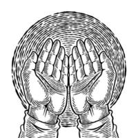 hand getekend menselijke hand in biddende positie. religie conceptuele kunst schets. de palm van een islamitisch gebed en een symbool van geloofsmoskee. eenvoudige handen gebaar schets vectorillustratie. vector