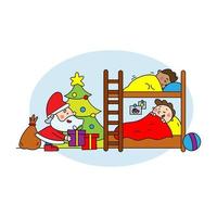 kleur vector illustratie de kerstman claus zet cadeaus onder de Kerstmis boom in de kinderen kamer