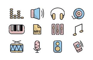 een reeks van muziek- pictogrammen. elementen in de reeks volume, mp3 formaat, spreker, geluid, Opmerking, synthesizer, telefoontje Aan de telefoon, speler, microfoon, koptelefoon, trommel vector