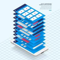 ux ui stroomdiagram. mock-ups mobiele applicatie concept isometrisch plat ontwerp. vector illustratie.