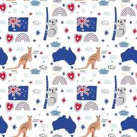 vector naadloze patroon van Australië pictogrammen. kangoeroe, koala, kaart en vlag. nationale Australische feestdag en een vakantie. reis naar Australië. ontwerp voor webpagina, stof, behang, textiel, flyers.