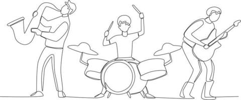 drie muzikanten het uitvoeren van Aan de muziek- band een lijn tekening vector