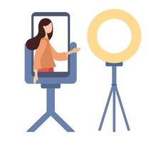 blogger meisje in smartphone app en licht lamp. sociaal media. influencer marketing. sociaal invloeden concept. vector vlak illustratie
