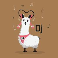 schattig grappig lama tekenfilm alpaca mascotte muziek- dj met hoofdtelefoons hand- getrokken vector