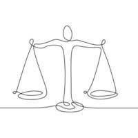 continu een lijntekening van weegschaal. wet bedrijfssymbool van gewichtsbalans. gewicht balans symbool. Weegschaal of wet identiteit één lijntekeningstijl. vector
