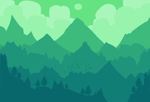 een groen berg landschap met bomen en een lucht met wolken vector