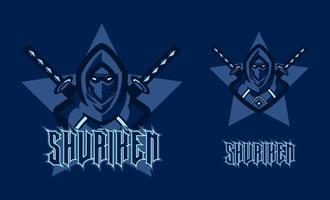 ninja moordenaar mascotte logo spel voor sport en e-sport team illustratie. ridder ninja met twee zwaarden op blauwe achtergrond. professionele gamer sjabloon ontwerpelement voor logo e-sport gaming team ploeg vector