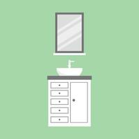 cartoon sanitair hygiëne meubilair van wasruimte toilet met gootsteen toilet spiegel kraan wasmachine geïsoleerd op lichtgroene achtergrond. badkamermeubels modern design platte vectorillustratie vector