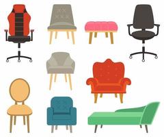 set meubels, banken en fauteuils in kleurrijk ontwerp. comfortabele lege stoelencollectie voor interieuruitrusting. vectorillustratie van stoel in verschillende modellen platte cartoon stijl vector