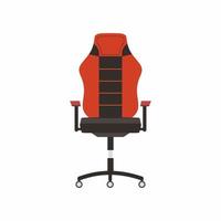 donkere en rode gaming stoel geïsoleerd op een witte achtergrond platte pictogram. ergonomische gaming-fauteuil comfortabele omgeving. esports-apparatuur. platte cartoon ontwerp vectorillustratie vector