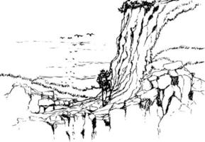 een Mens beklimming een klif, hand- getrokken schetsen. voor reizen en natuur achtergrond vector
