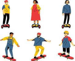 reeks van tekenfilm mensen Mens Aan skateboard vector