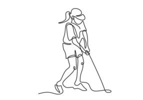 een doorlopende lijntekening van jonge gelukkige vrouw golfspeler zwaait de golfclub om de bal te raken. mooi meisje golfen in de buitenlucht. vectorillustratie voor promotiemedia voor golftoernooien vector