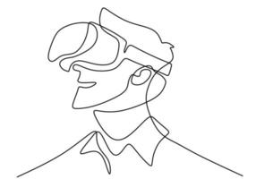 jonge man met vr-bril een doorlopende lijntekening. een jonge man gebruikt virtual reality bril apparaat bij het spelen van games thuis handgetekende lijntekeningen minimalisme stijl. vector illustratie