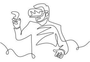 doorlopende lijntekening van man in vr-bril, bewegingscontroller vasthouden. een man die virtuele games speelt handgetekende lijntekeningen doodle minimalistisch design. technologie, apparaat, gaming, toekomst, visueel thema vector