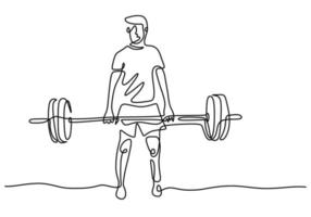 een doorlopende lijntekening van de gewichtheffer uit de hand een afbeelding van het silhouet. Gewichtheffen trainingsconcept. karakter mannelijke atleet barbell opheffen geïsoleerd op een witte achtergrond vector