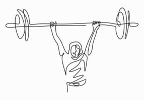 doorlopende lijntekening van jonge sterke gewichtheffer vrouw barbell training in sportschool geïsoleerd op een witte achtergrond voorbereiden. Gewichtheffen trainingsconcept. karakter dame aan het trainen vector