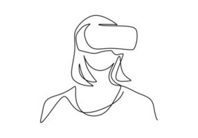 meisje dat vr gebruikt met een enkele doorlopende lijntekening. slimme technologie futuristische game player concept. karaktervrouw speelt simulatiespel in minimalistische stijl. vector illustratie