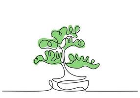 doorlopende lijntekening van aard bonsaiboom in pot geïsoleerd op een witte achtergrond. schoonheid en verse chinese of japanse banyan plant voor home art wall decor. botanisch kamerplantthema vector